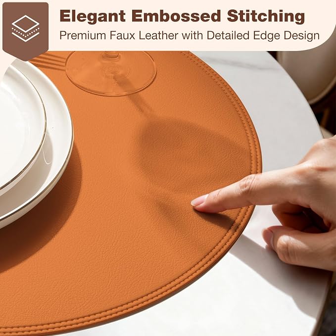 Round Vinyl Orange Placemats Set of 6, Faux Leather Waterproof Wipeable Heat - Image 2