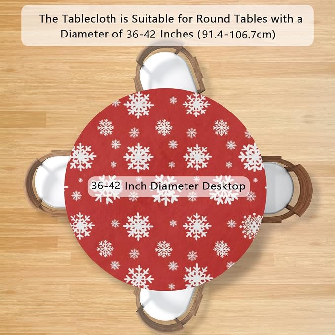 Christmas Snowflake Red White Round Table Cloth Cover, Elastic Edge Waterproof - Image 2