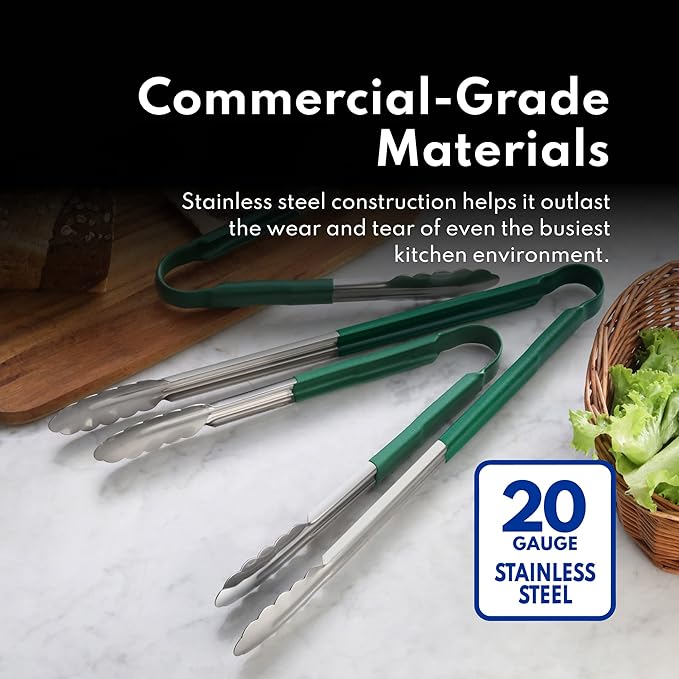 Tongs for Serving, Stainless Steel with Green Vinyl-Coated Handles