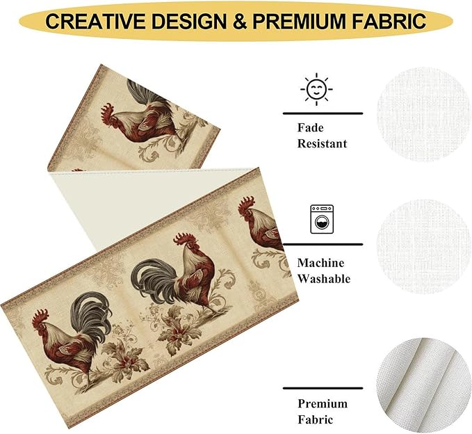 Farmhouse Rooster Table Runner, Vintage Rooster Retro Farmhouse Country Chicken - Image 5