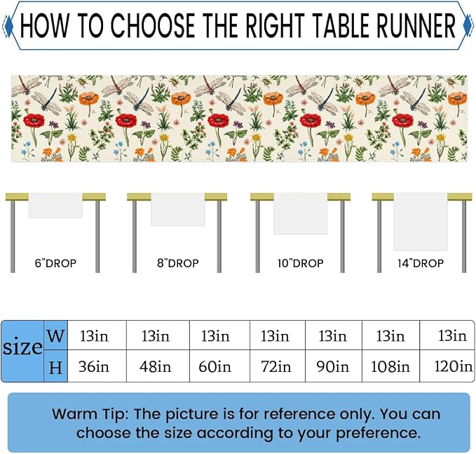 Flowers Dragonflies Table Runner Kitchen Dining Table Runner 13*90in Table - Image 2
