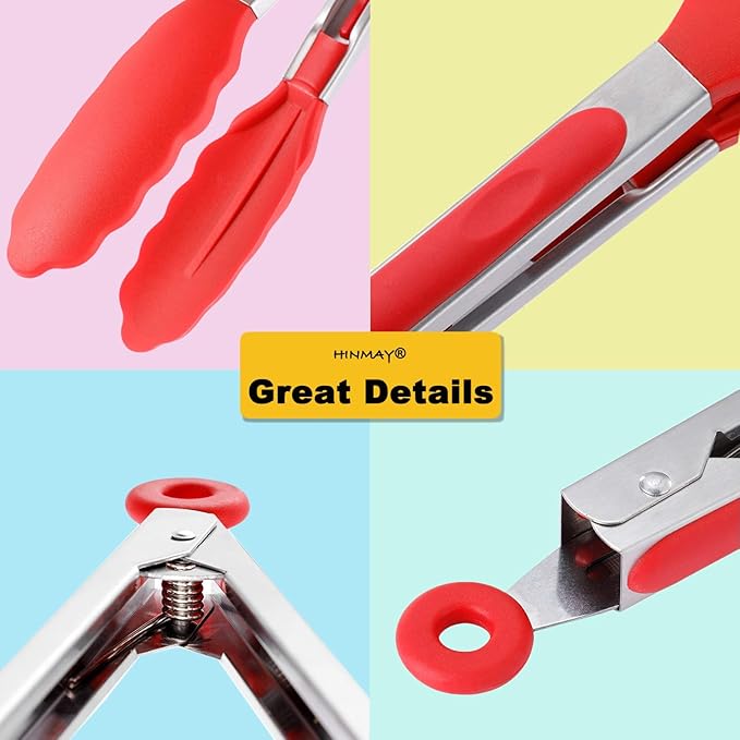 Tongs 3-Pack, 9-Inch Red Silicone with Stainless Steel Locking Ring