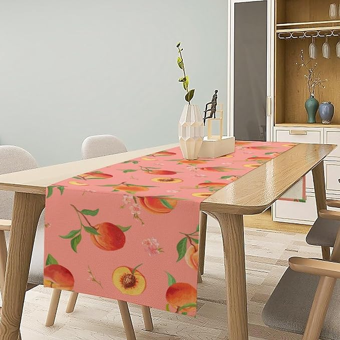 Pink Cute Peach Table Runner, Colorful Summer Fruit Floral Table Runner - Image 3