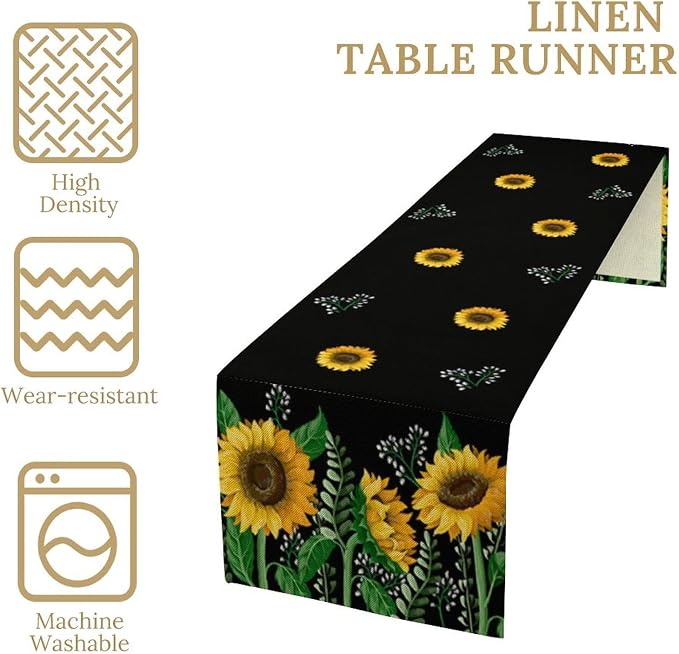 Sunflower Table Runner, Spring Summer Watercolor Floral Plants Leaves Print - Image 5