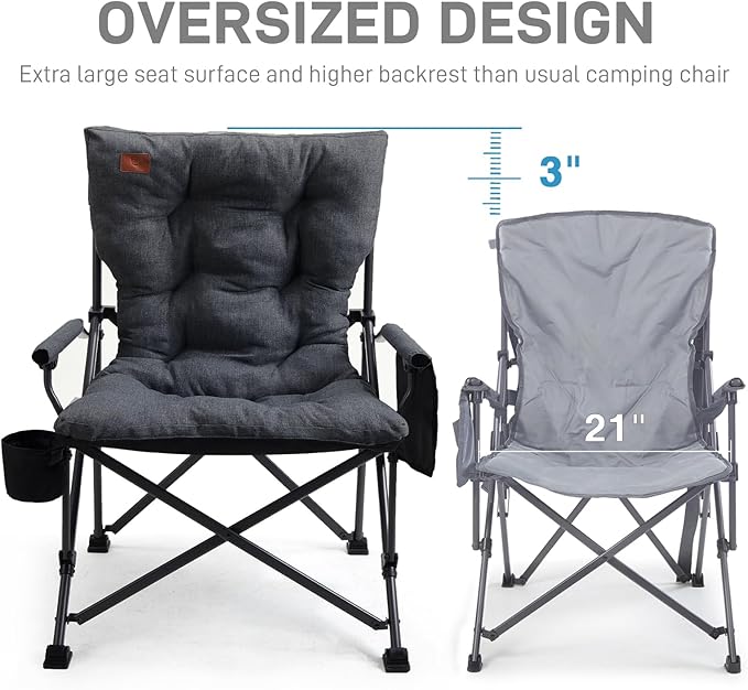 Oversized Padded Folding Camping Chair with Steel Frame, 500 lb Capacity, Black
