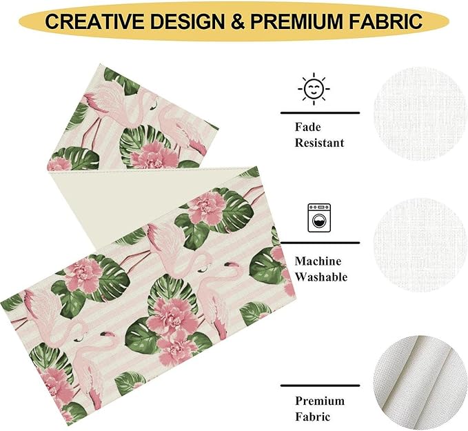 Tropical Table Runner, Retro Flamingo Hawaii Summer Palm Leaves Flower Stripes - Image 5