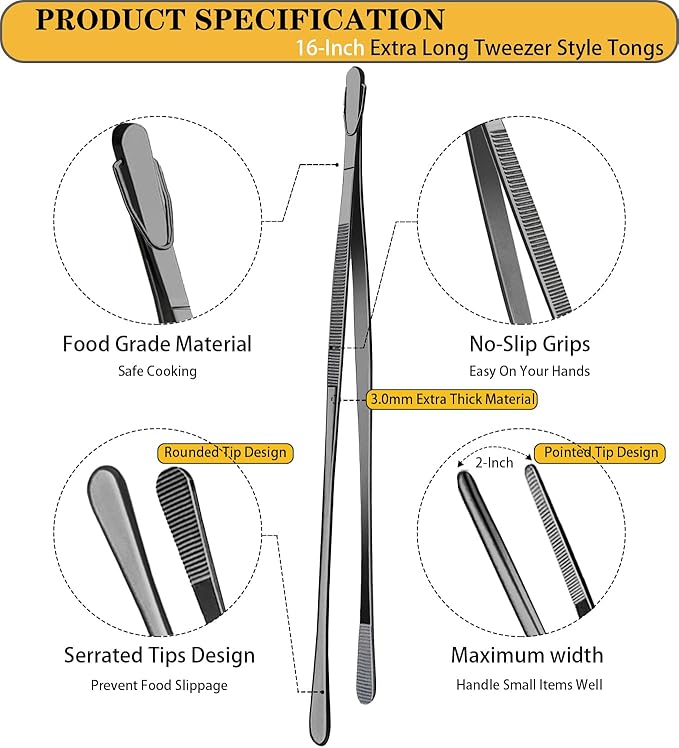 Tongs Set of 2, 16-Inch Black Stainless Steel Grilling Tweezers