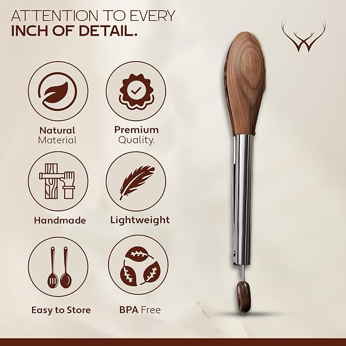 Kitchen Tongs in Walnut Wood for Grilling and Cooking, 0.4 lb