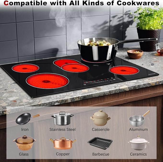 Noxton 30 Inch Electric Cooktop, 8400W 5 Burners Built-in Radiant Electric - Image 5