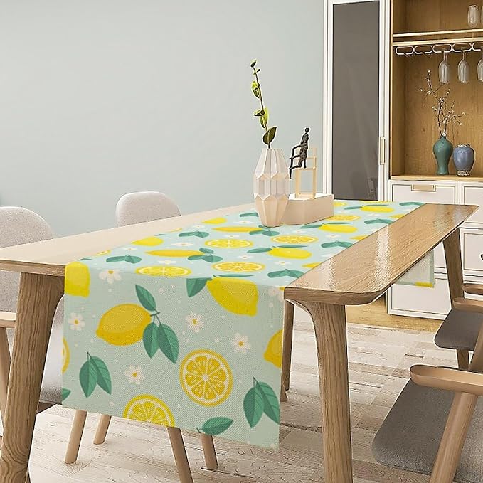 Spring Lemon Table Runner, Summer Seasonal Green Leaves Flowers Yellow Fruit - Image 2