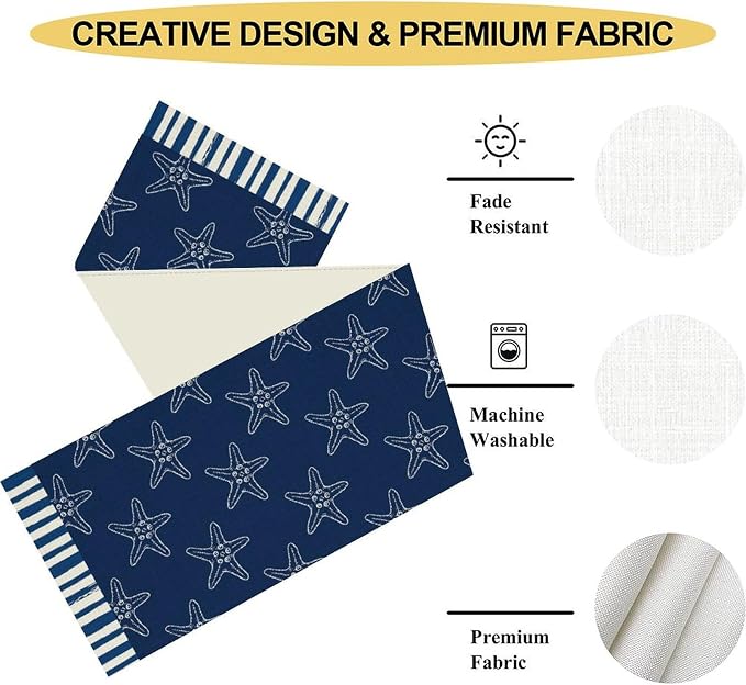 Starfish Table Runner, Summer Coastal Navy Blue Nautical Tropical Rustic - Image 5