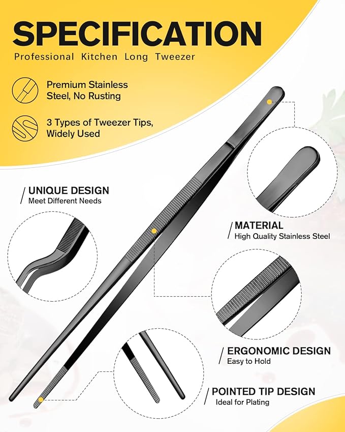 Tongs Set, 10-Inch Stainless Steel Food Tweezers in Black, 3 Designs