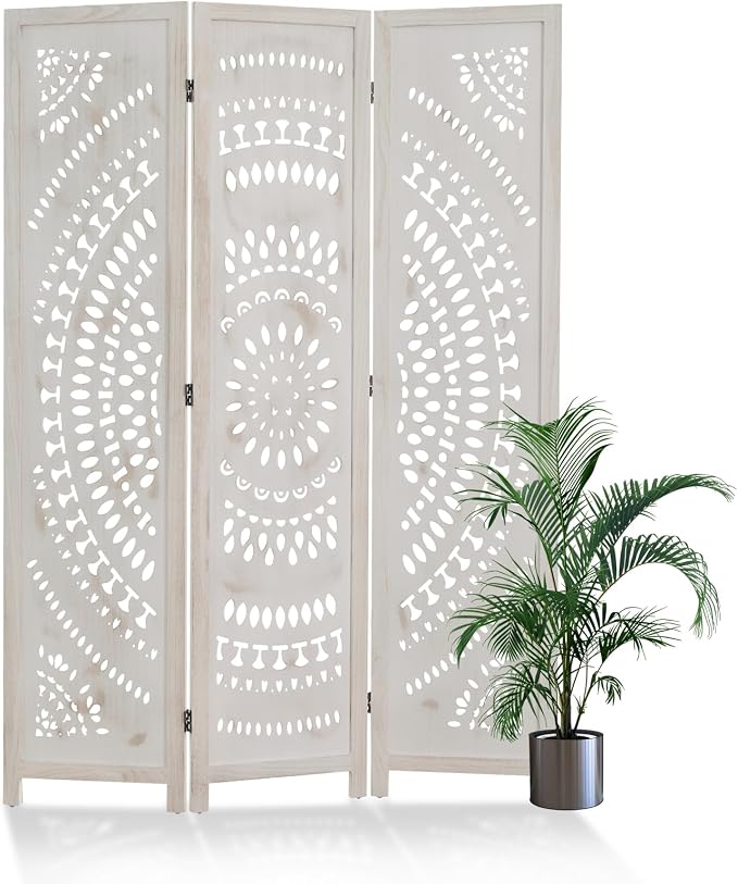 Room Divider Wood Carved Wall Divider Indoor Folding Bohemian Style Portable by Svimi
