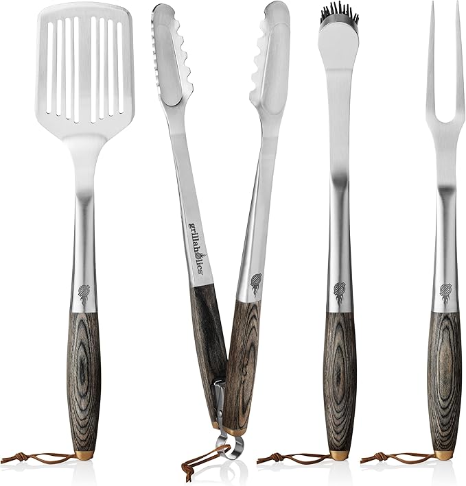 Barbecue Tool Set, 4-Piece Stainless Steel with Pakkawood Handles