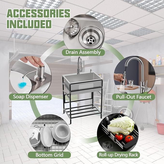 Utility Sink, 25x18 Inch Stainless Steel Freestanding Laundry Sink Practicality - Image 7
