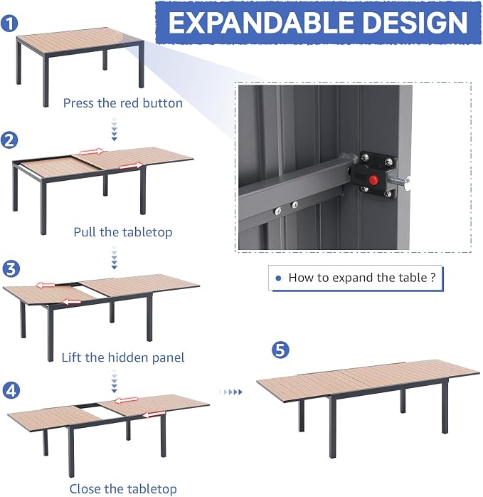 Soleil Jardin Aluminum Patio Extendable Dining Table, Adjustable Indoor Outdoor - Image 6