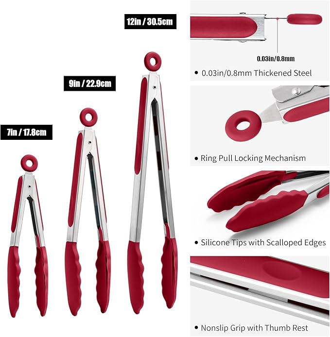 Tongs with Silicone Tips, Stainless Steel, 600°F Heat Resistant, Red
