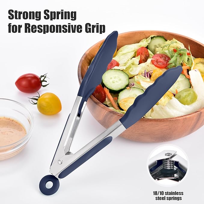 Navy Blue Locking Tongs, 10.5-Inch Stainless Steel with Silicone Tips