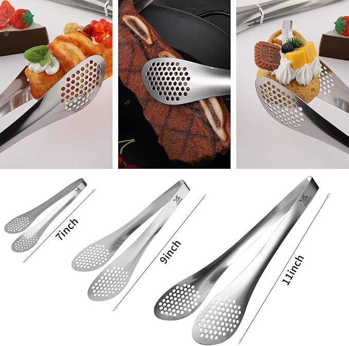 Tongs, Stainless Steel 3-Piece Set in Silver, 7, 9 and 11 Inch