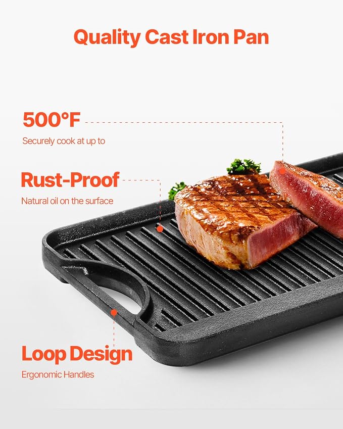 VEVOR Reversible Grill/Griddle, 20x10 inch Pre-Seasoned Cast Iron Griddle - Image 5