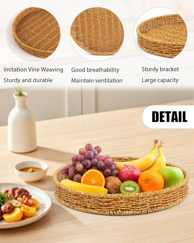 Woven Bread Basket, 3 Pack Wicker Fruit Baskets Rattan Bread Basket Poly Wicker - Image 3