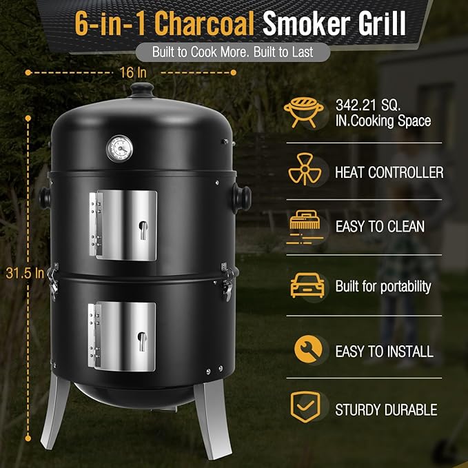 BBQ Charcoal Smoker for Meat: 16 Inch Heavy Duty 4 In 1 BBQ Charcoal Grills - Image 2