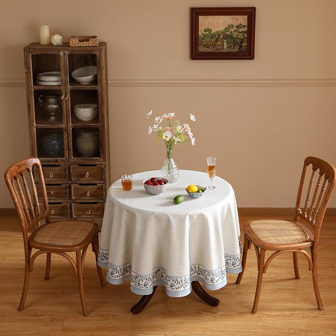 ISAENNE Designer Vintage Linen Elegant Small Round Tablecloth, Chinoiserie - Image 6