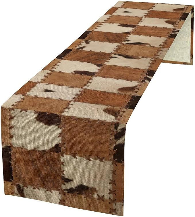 Cowhide Animal Table Runner, Vintage Western Cowboy Patchwork Fur Table Runner by Unknown