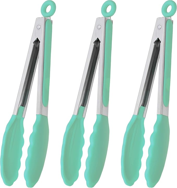 Tongs, Silicone-Tipped 9-Inch Stainless Steel Grill Tongs, Mint, 3-Pack