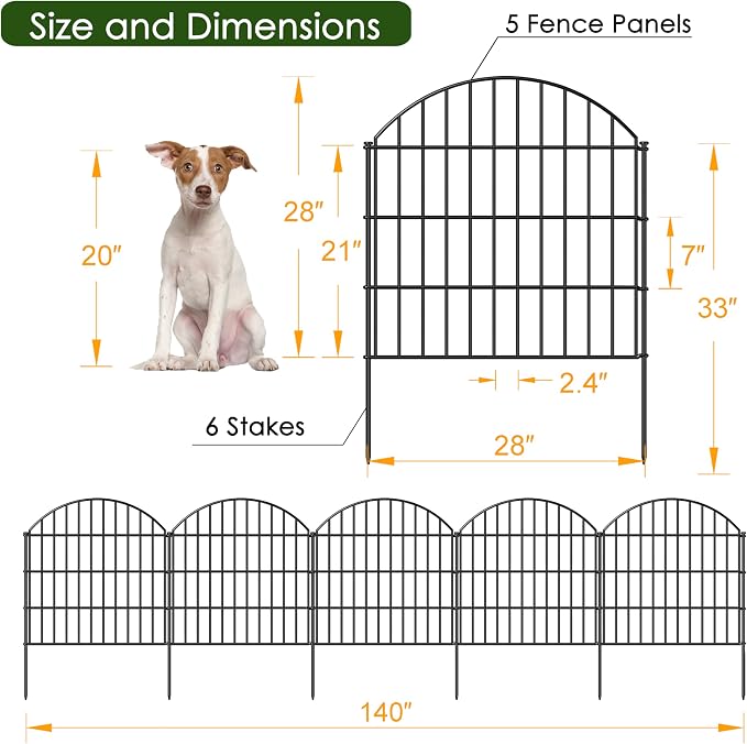 Metal Garden Fence 28in x 11.7ft, 5 Panels + 6 Stakes Rustproof Border Fence - Image 4