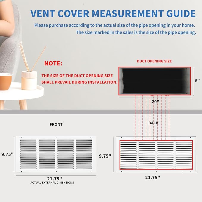 Air Return Vent Cover 20x8, Cold Air Return Vent Cover, Flat Return Air Grilles - Image 3