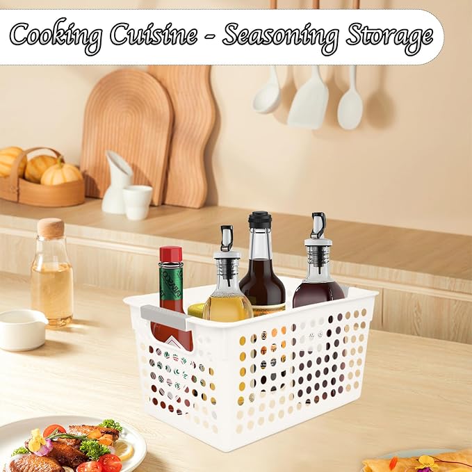Plastic Storage Baskets, 4 Pack Narrow Organizing Baskets White Storage Bins - Image 6