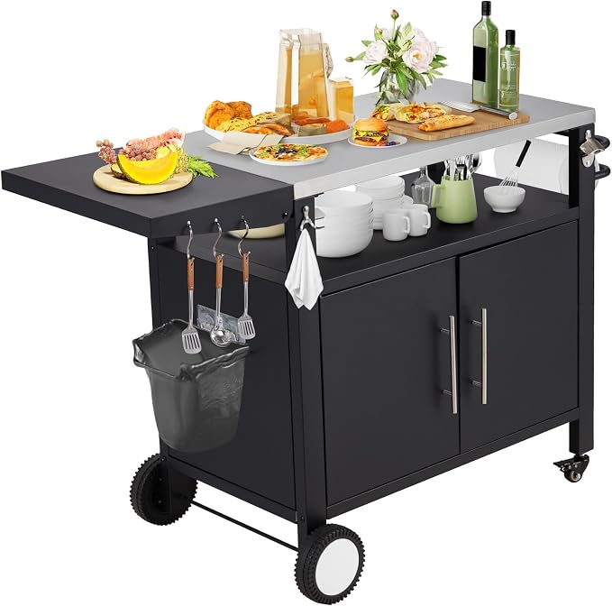 Outdoor Kitchen Storage Cabinet on Wheels, Grill Prep Table Kitchen Cabinets - Image 7