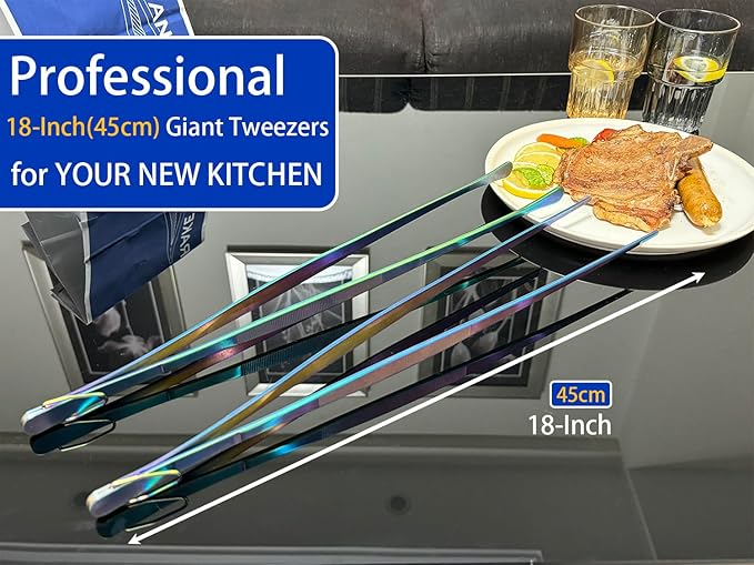 Tongs, 2-Pack 18 Inch Stainless Steel Grilling Tweezers, Rainbow