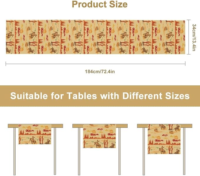 Western Cowboy Table Runner, Wild West Cowboy Ride Horse Desert Cactus Sunset - Image 7