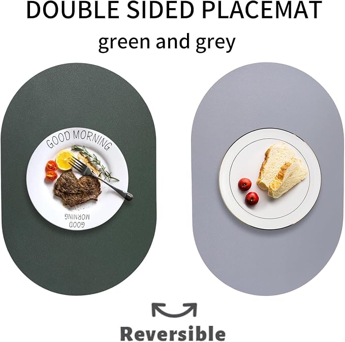 Faux Leather Placemats Set of 6 Oval Reversible Placemat Waterproof Green and - Image 2