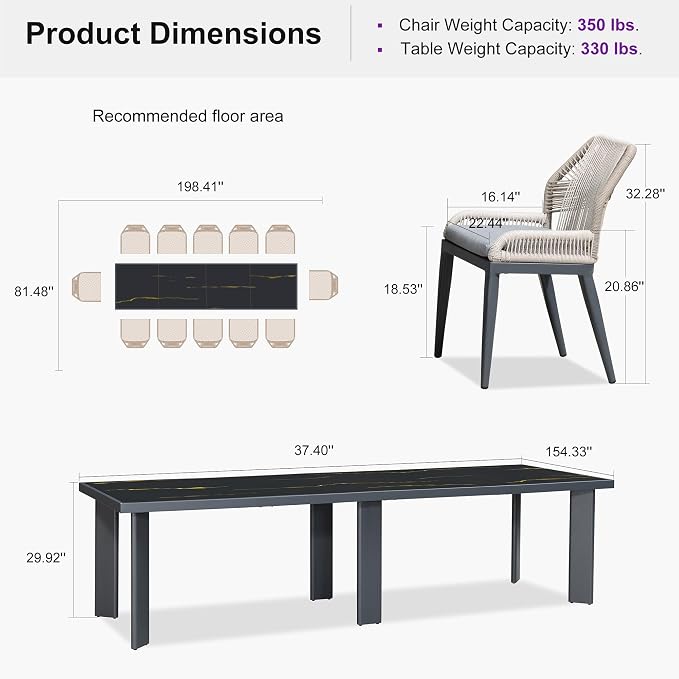 PURPLE LEAF 13 Pieces Patio Dining Set Aluminum Rectangular Table and Wicker - Image 9