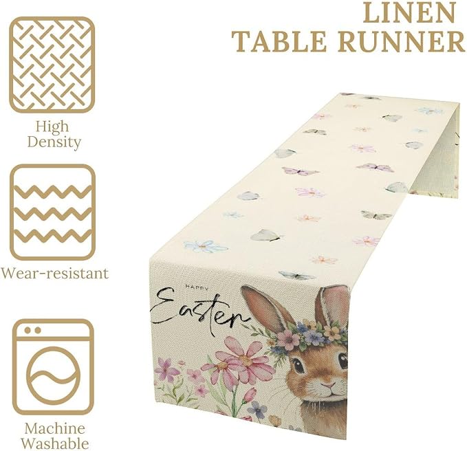 Easter Table Runner, Boho Floral Bunny Rabbit Butterflies Pink Blue Spring - Image 4