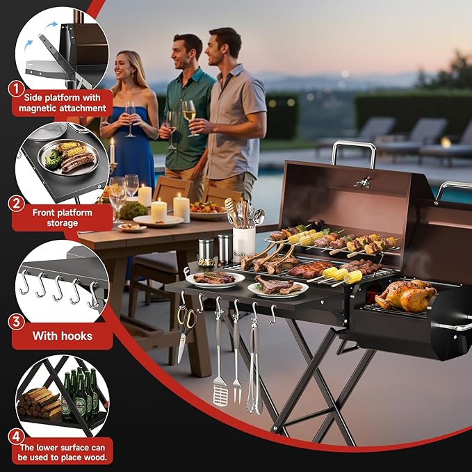 Portable Charcoal Grill with Smoking Function, Foldable Suitcase Design with - Image 6
