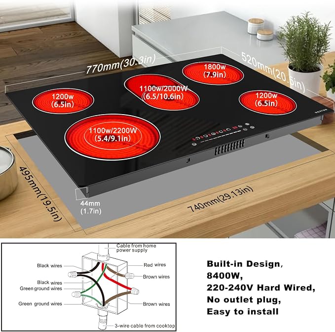 Noxton 30 Inch Electric Cooktop, 8400W 5 Burners Built-in Radiant Electric - Image 7