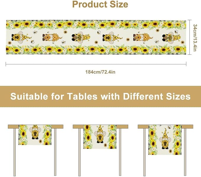 Summer Sunflower Gnome Table Runner, Buffalo Plaid Bee Farmhouse Seasonal Table - Image 7