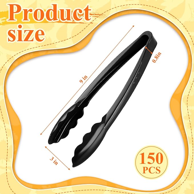 Serving Tongs - 150 Pack Black Plastic, 9 Inch Disposable