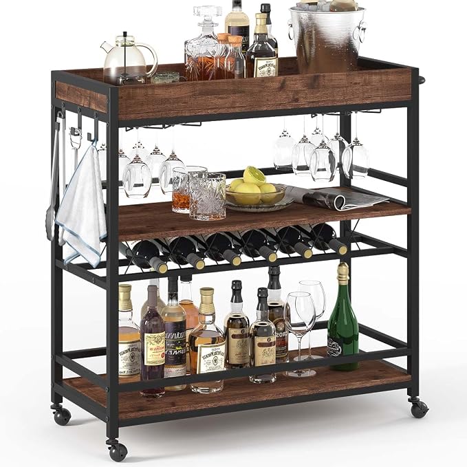 BON AUGURE Bar Cart for The Home, Rolling Home Bar Serving Cart on Wheels by BONAUGURE