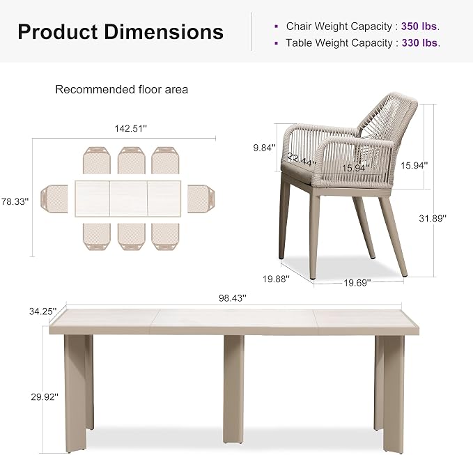 PURPLE LEAF 9 Pieces Patio Dining Set Aluminum Modern Rectangular Table and - Image 9