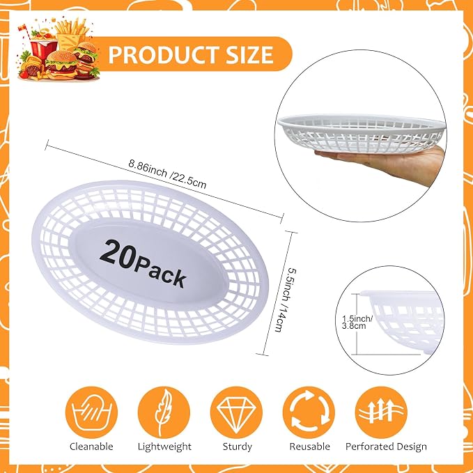 20 Pack Plastic Fast Food Baskets, 8.8" × 5.5" Small Oval Restaurant Serving - Image 2