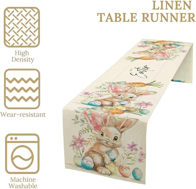 Easter Bunny Table Runner, Rustic Watercolor Bunnies Easter Eggs Carrots Floral - Image 4