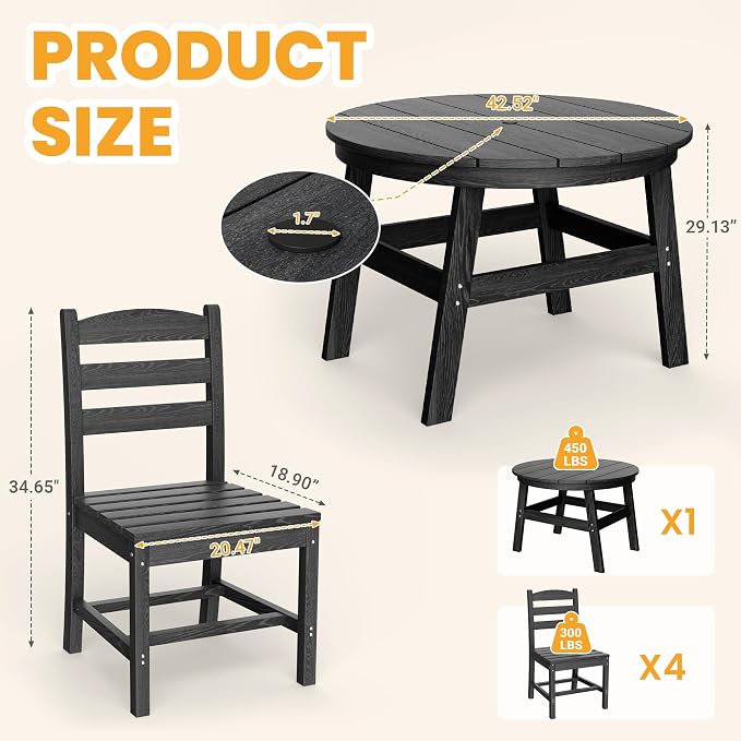 Pamapic 5 PCS Round Outdoor Dining Set, Wood Grain HDPE Outdoor Table and Chairs - Image 6