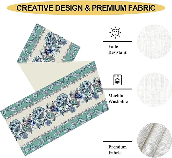 Paisley Table Runner, Vintage Teal Damask Floral Flower Boho Antique Damask - Image 5
