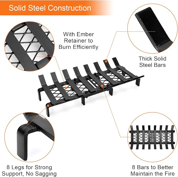 20" Fireplace Grate with Ember Retainer, Wood Stove Grate Rack, Heavy Duty - Image 6