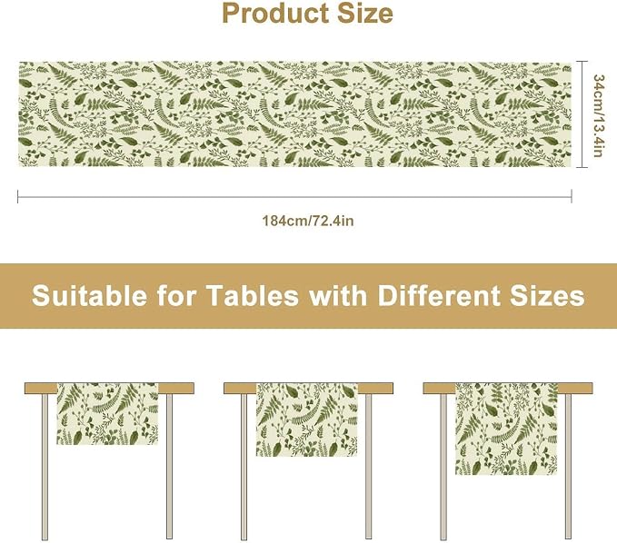 Green Leaves Table Runner, Spring Summer Herbs Botanical Natural Plants Print - Image 8
